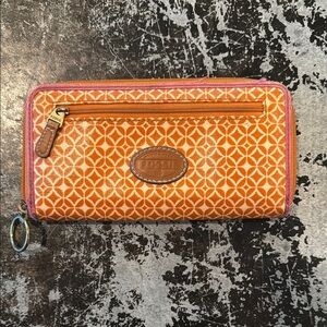 Fossil Orange Print Coated Canvas Zip Around Wallet